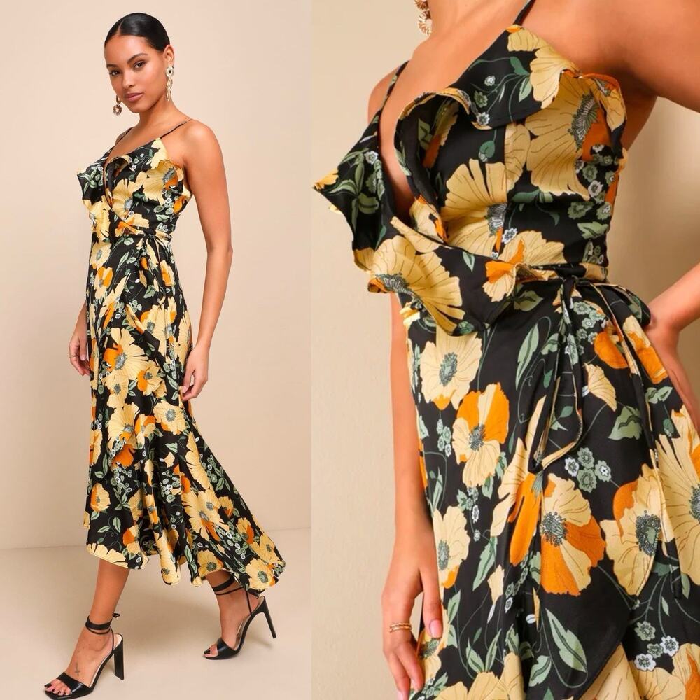 Lulu's Floral Black and Yellow High Low Dress